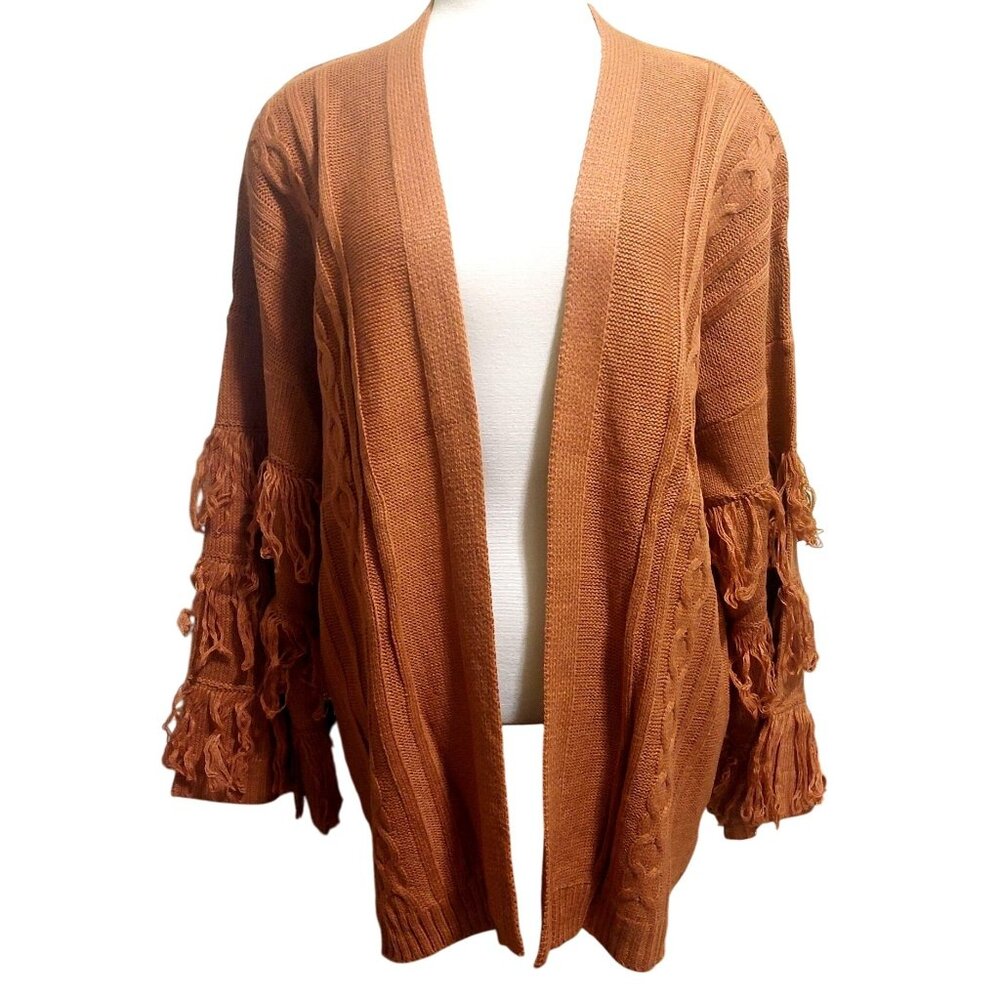 NWT Umgee Womens Camel Fringe Open Front Cardigan Sweater~Boho~MEDIUM - Picture 2 of 10